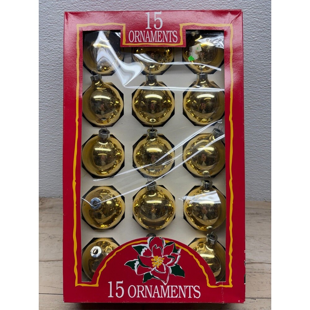 Vtg Rauch Set Of 15 Glass Gold Ball Christmas Ornaments Made In USA